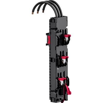 A black electrical circuit breaker with red switches and copper wire connections, designed for protecting electrical circuits.
