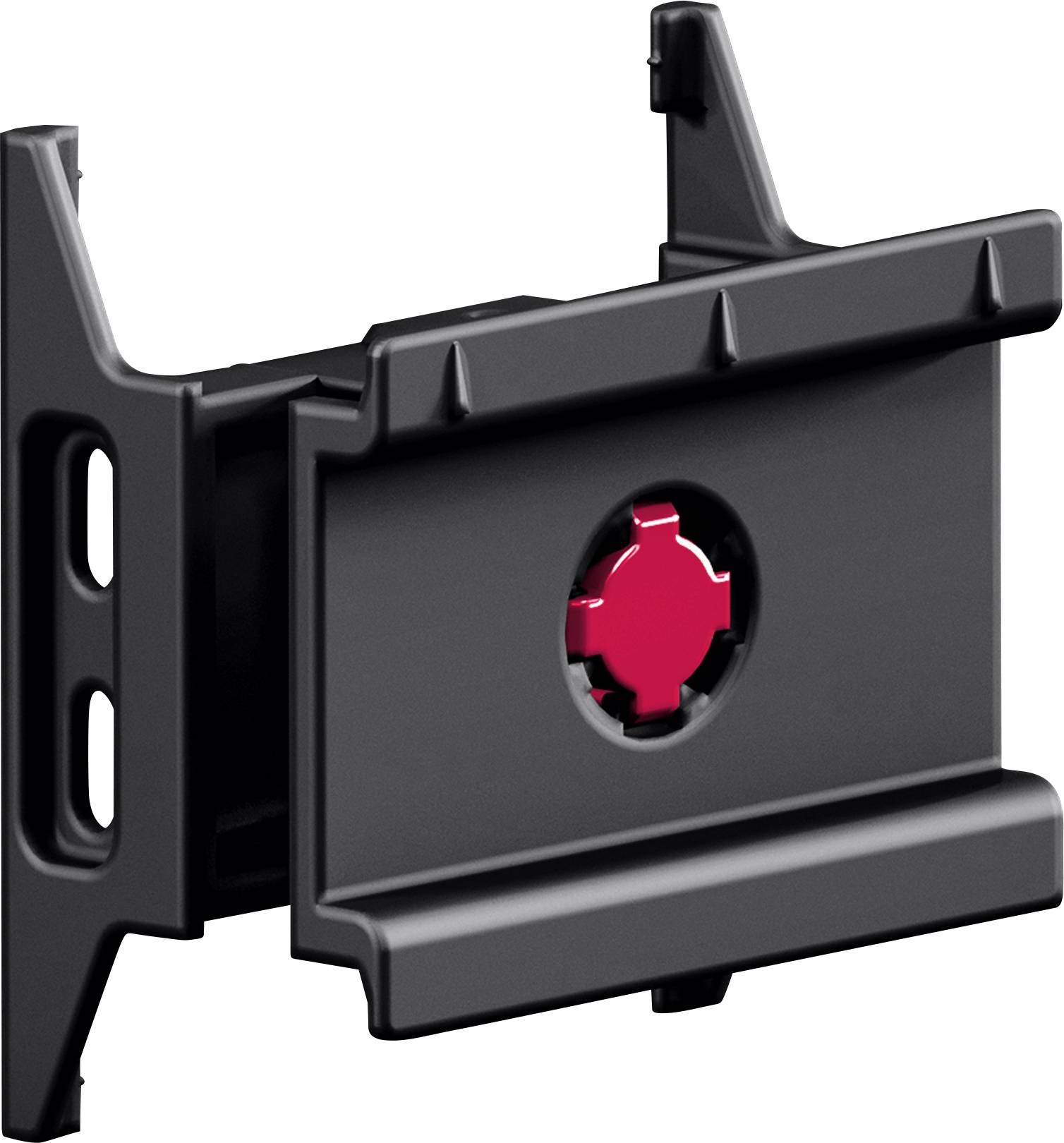 A black and red wall bracket designed for mounting, featuring a central red circular gear mechanism and side openings for securing.