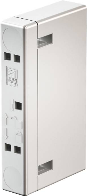 A rectangular, gray electrical control or distribution component with a logo on the side, featuring two square inputs and circular details.
