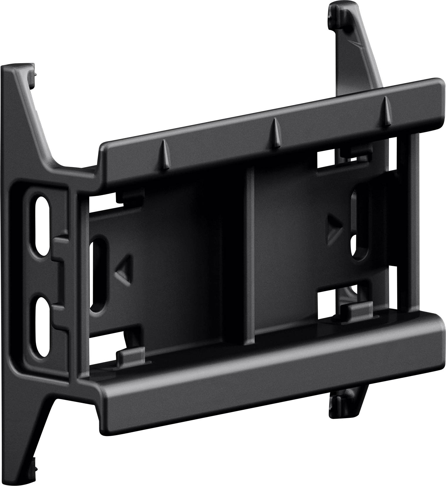A black mounting bracket with a rectangular shape, designed for securing or attaching equipment, featuring slots and hooks for installation.