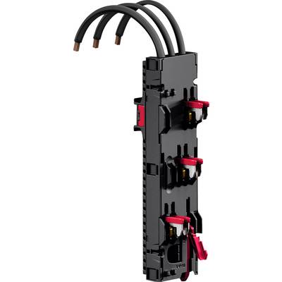 '3RK3041-2AB20' black electrical connector with three wire slots and red clips, used for industrial electrical panel connections.