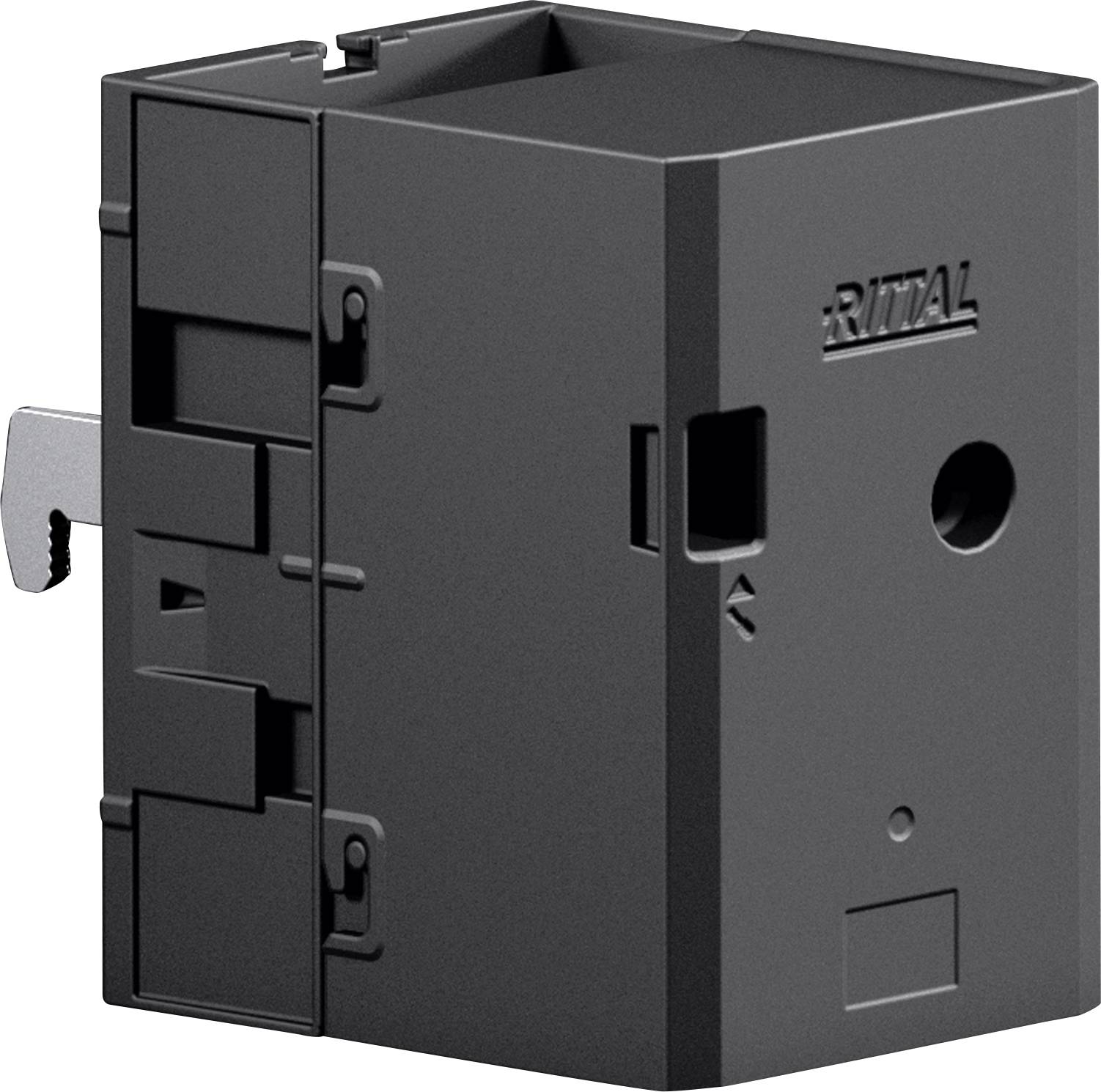 A black rectangular electronic component with detailed edges and a visible metal key on the side, labeled 'Rittal' on the top surface.