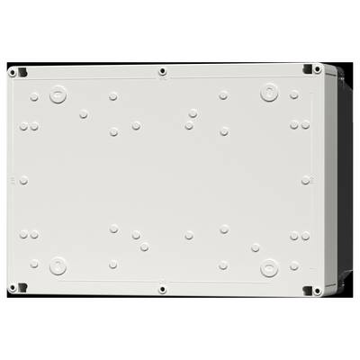'Rectangular white plastic junction box with multiple rounded mounting points and screw holes, viewed from above.'