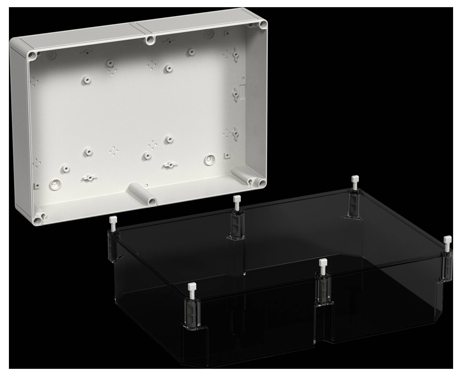 A white rectangular plastic box with the lid removed, revealing screw holes inside. A clear dark plastic cover is placed alongside.