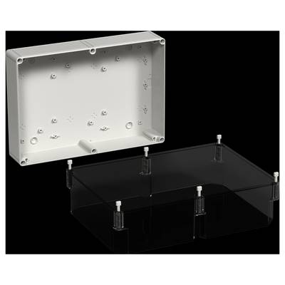 'Two-piece plastic enclosure; top half transparent with mounting posts; bottom half opaque, showing screw holes, on black background.'