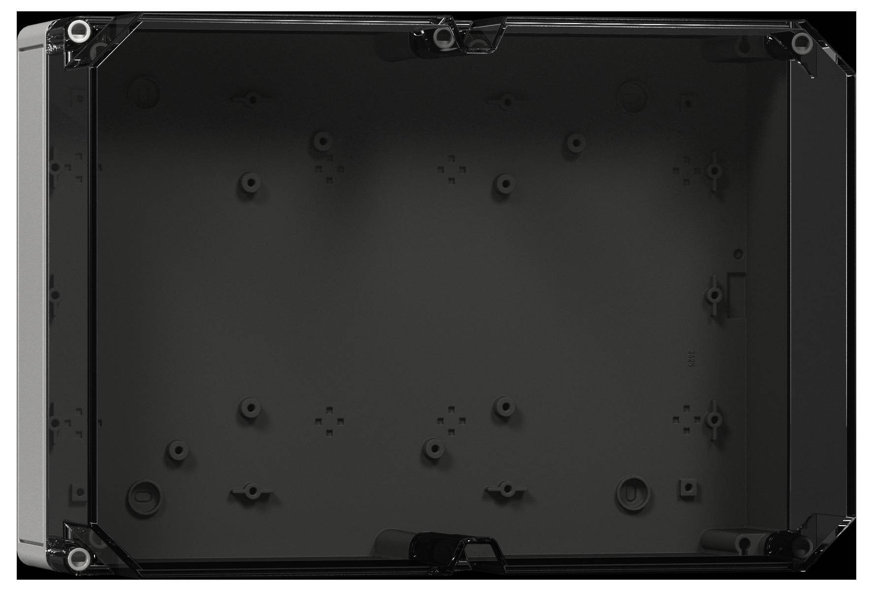 A rectangular black metal enclosure with multiple screw holes for mounting components, viewed from above.