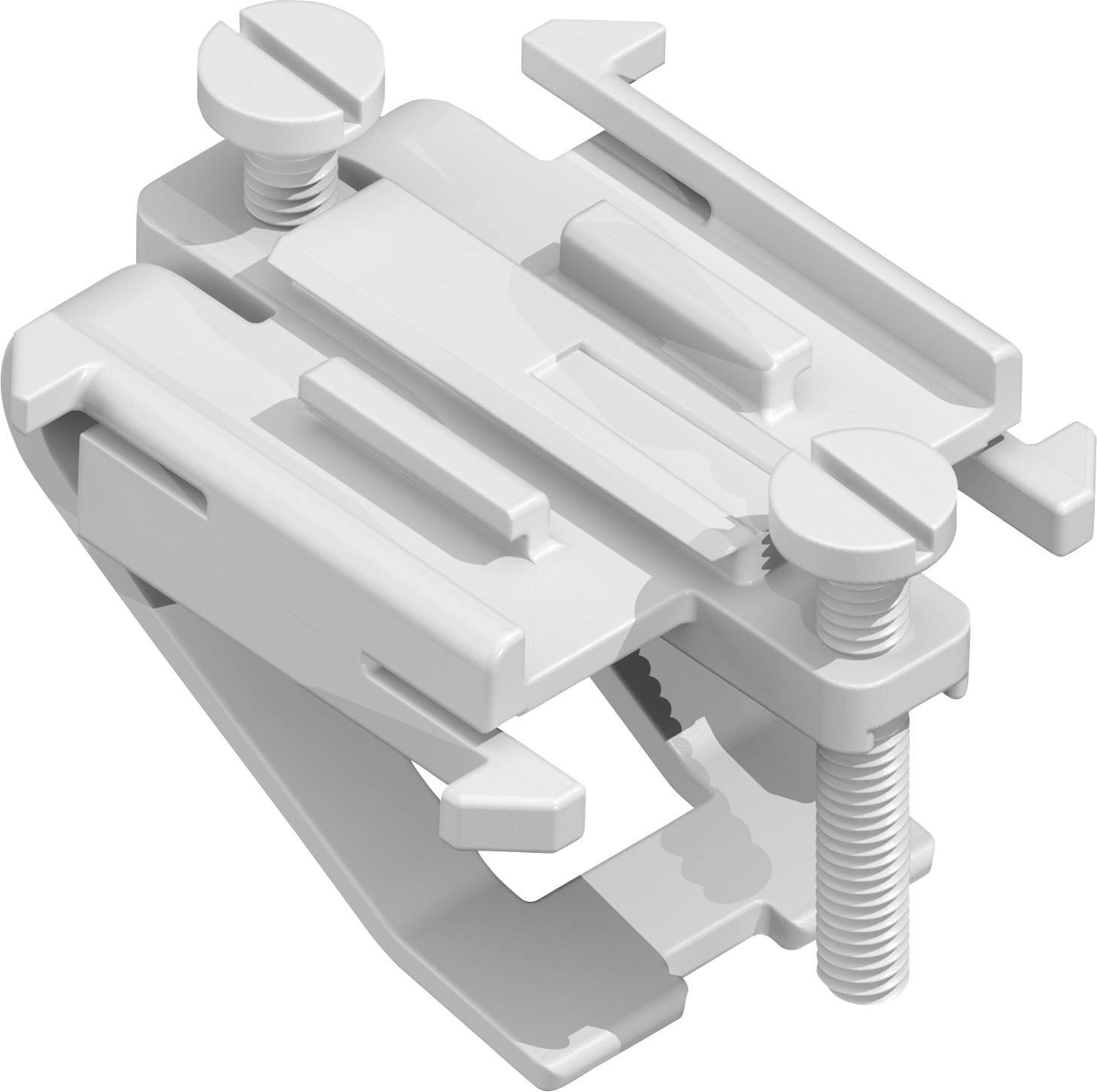 A 3D-rendered image of a metal clamp with two screws, used for securing objects together, shown from a diagonal top view.