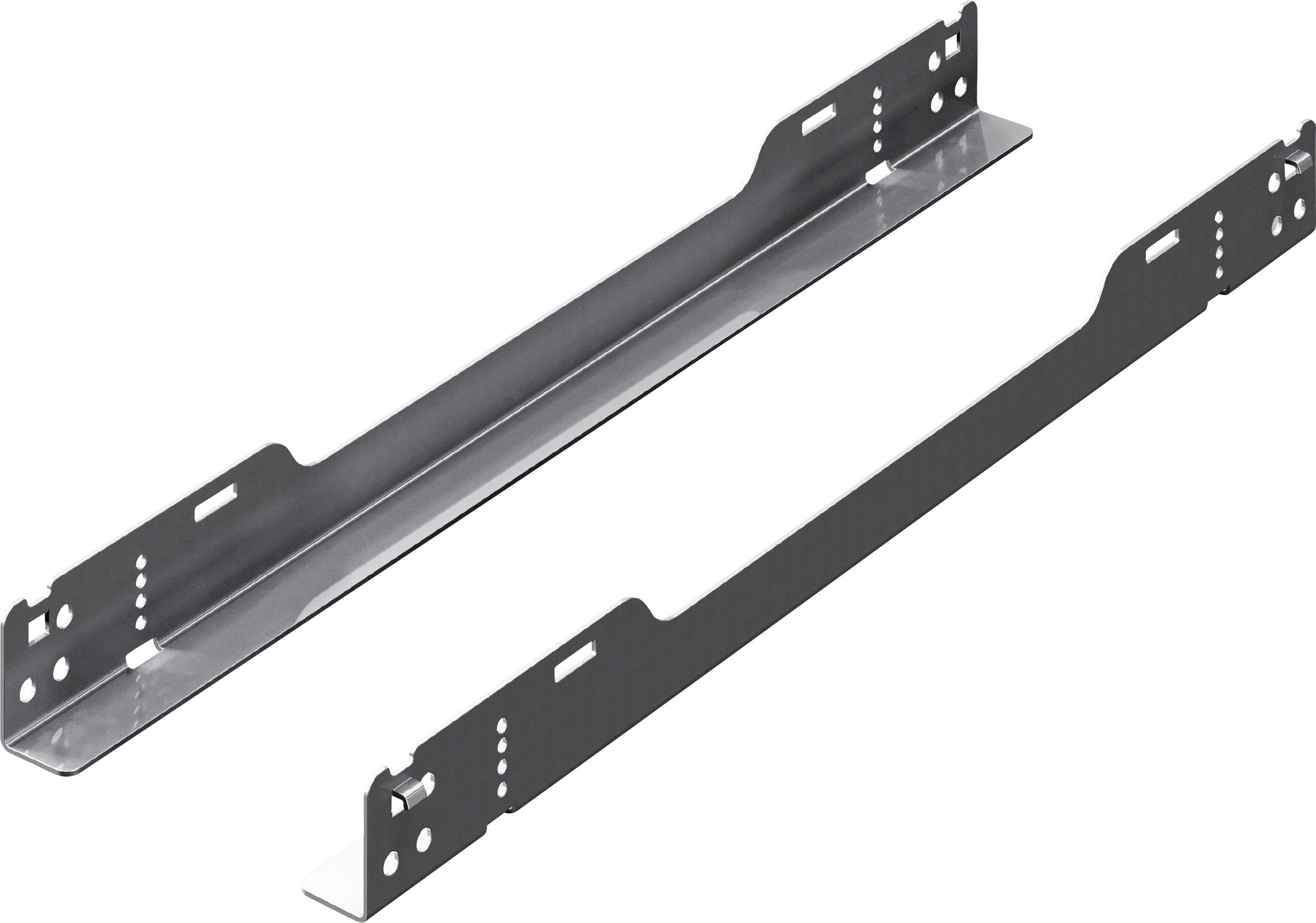Two metal mounting rails with multiple holes and curves, designed for securing equipment or components in place.