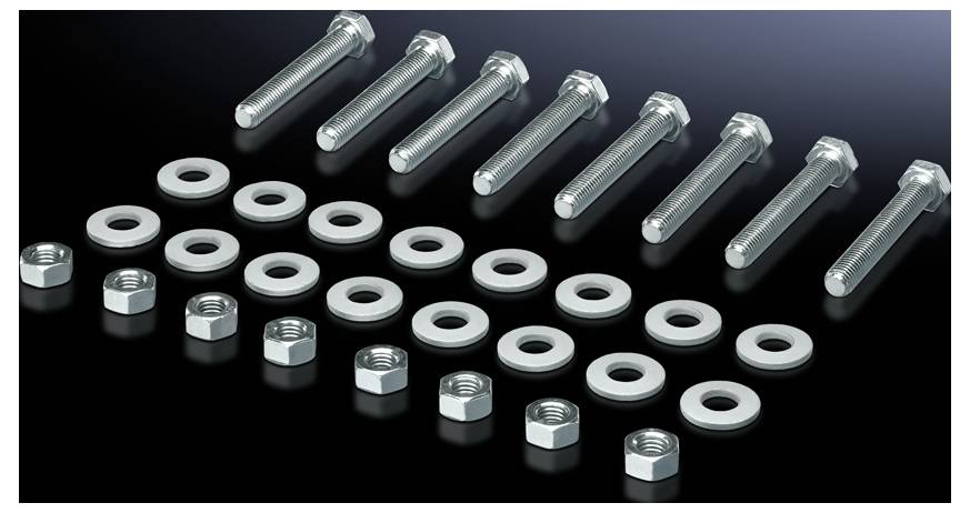 'Arrangement of ten bolts, washers, and nuts on a black surface, showing a set of hardware components for assembly or construction.'