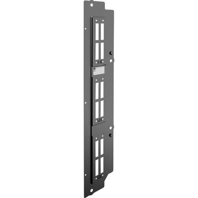 A black metal panel featuring cutouts for airflow, with three distinct sections and several screw holes for mounting purposes.