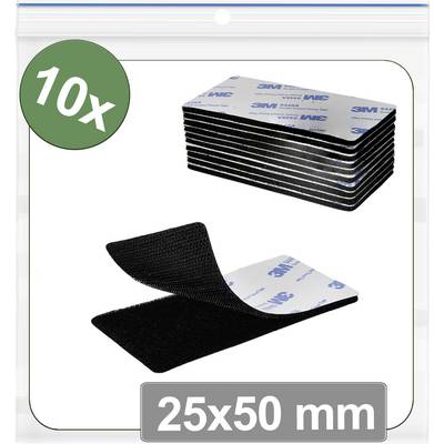 'Ten hook and loop adhesive strips, each measuring 25x50 mm, with 3M branding on the backing.'