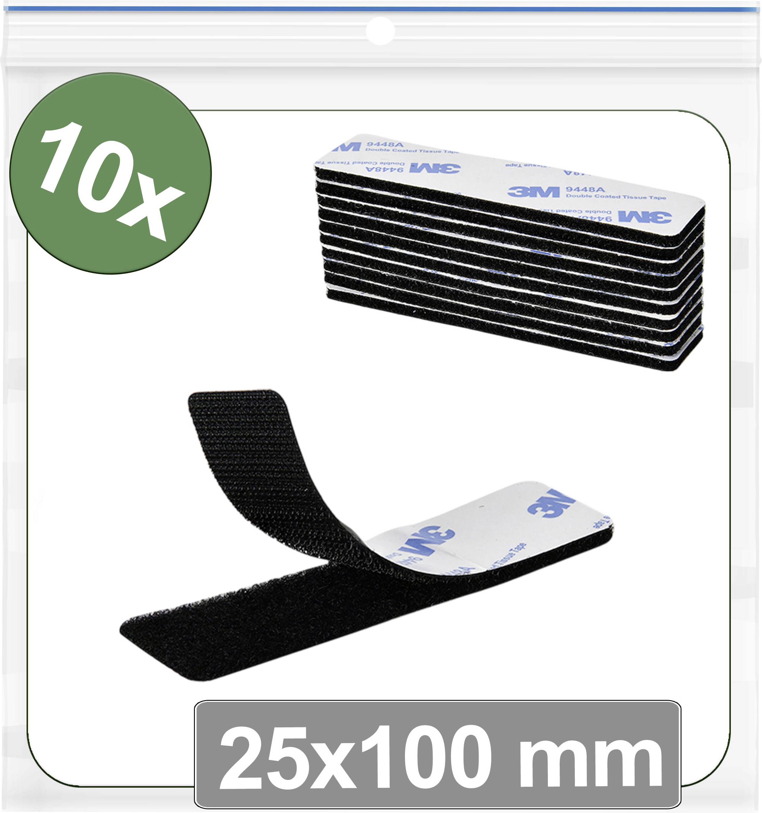 '10x 3M Velcro strips, 25x100 mm, black.' An image showing ten black 3M Velcro strips stacked with one peeled open, indicating size and quantity.