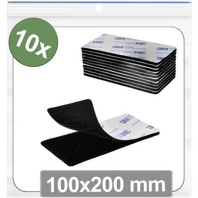'10x' pack of black hook-and-loop adhesive strips, each 100x200 mm, with the 3M logo, displayed in a transparent package.