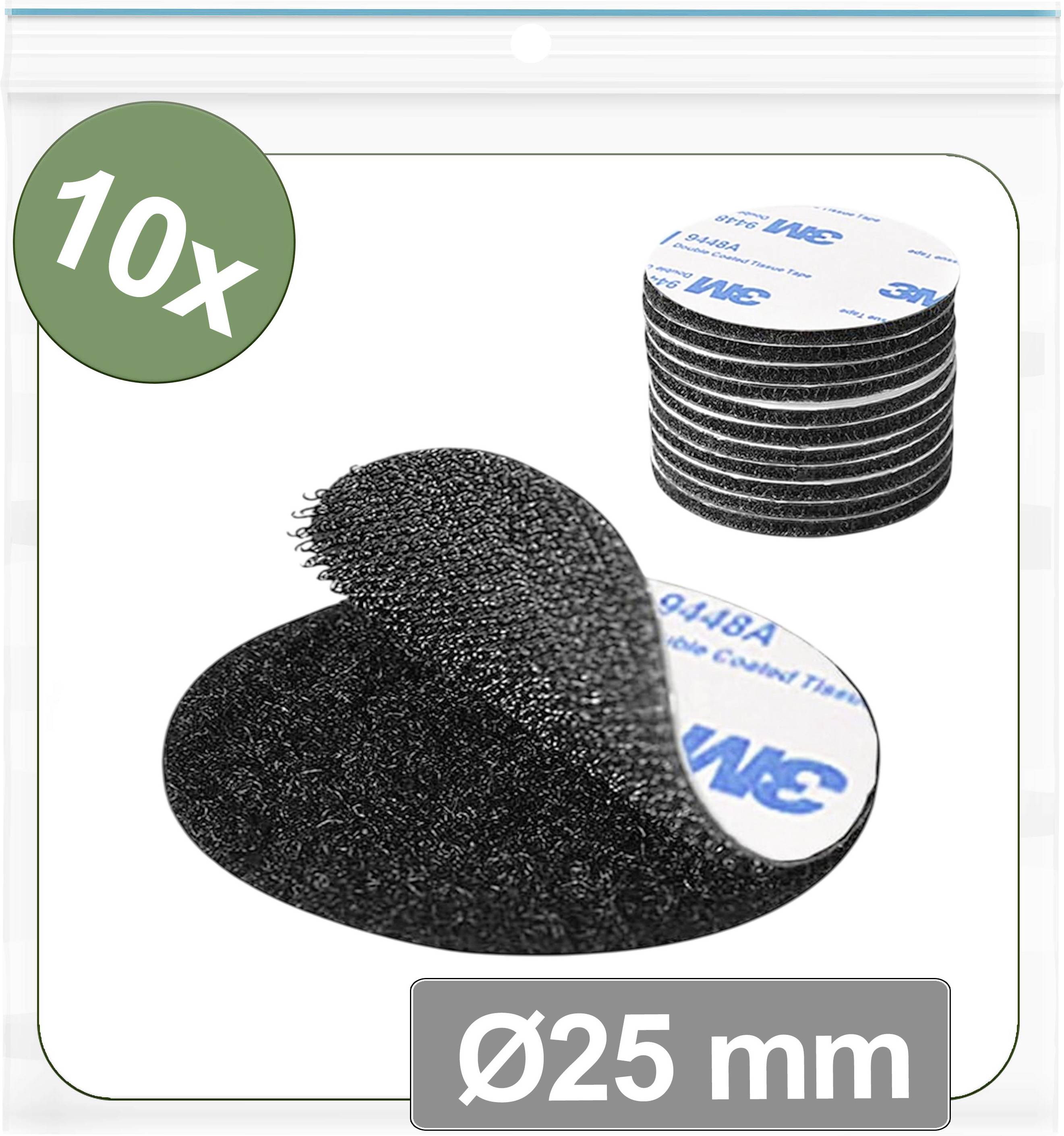 '10x round black adhesive hook-and-loop fasteners, 25 mm diameter, shown in packaging with stack of fasteners.'