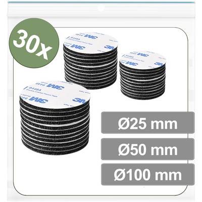 '30x' set of black Velcro circles with dimensions: 25 mm, 50 mm, and 100 mm. Packaged in a transparent bag.