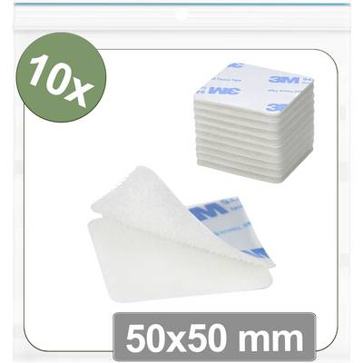'10x 3M adhesive pads, 50x50 mm size, shown stacked and individually peeled, in transparent packaging.'