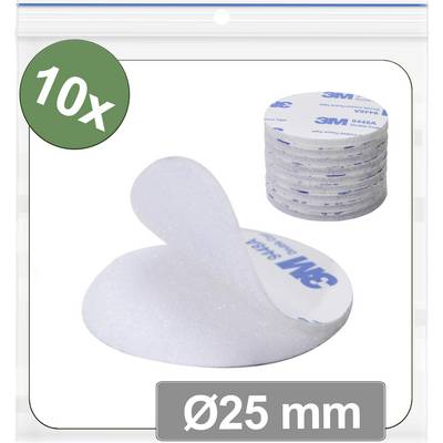 'Pack of 10 white adhesive circular pads, 25 mm diameter.'