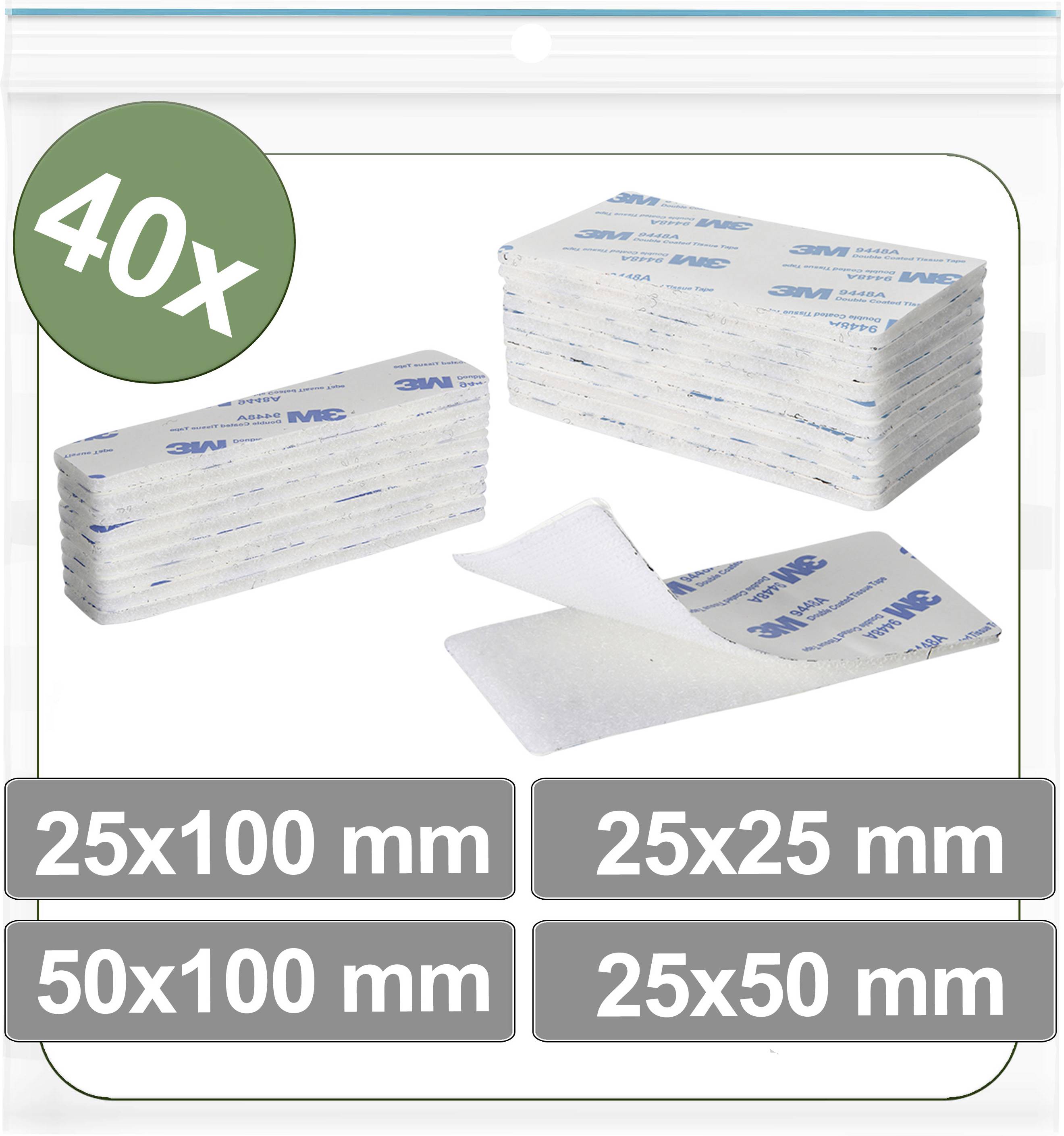 '40x 3M sterile-absorbent pads' in a transparent bag shown with sizes: '25x100 mm', '25x25 mm', '50x100 mm', '25x50 mm'.