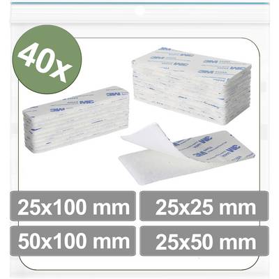 '40x 3M sterile-absorbent pads' in a transparent bag shown with sizes: '25x100 mm', '25x25 mm', '50x100 mm', '25x50 mm'.
