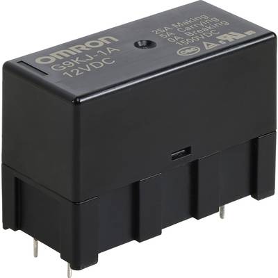 A black Omron relay with part number G9KJ-1A, marked for 25A making, 50A carrying, and 12VDC, featuring four metal pins for connection.