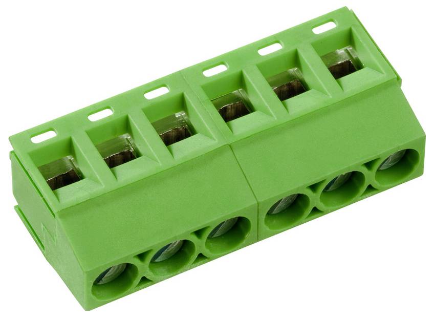 'A green screwless terminal block connector with six wire slots, angled view.'
