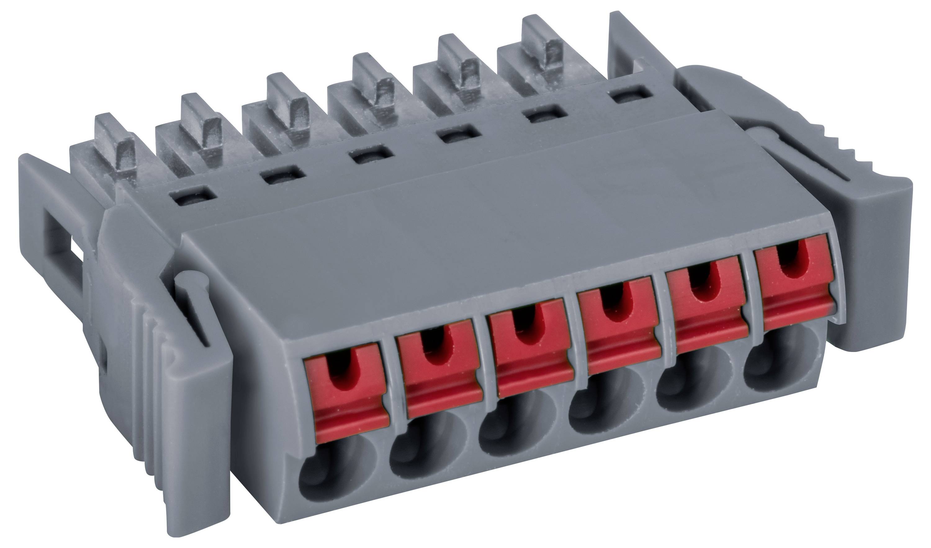 'Five-position terminal block connector with gray housing and red internal components, shown from the top view.'