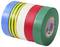 Five rolls of colored tape: blue, yellow with green stripes, white, red, and green, stacked side by side.