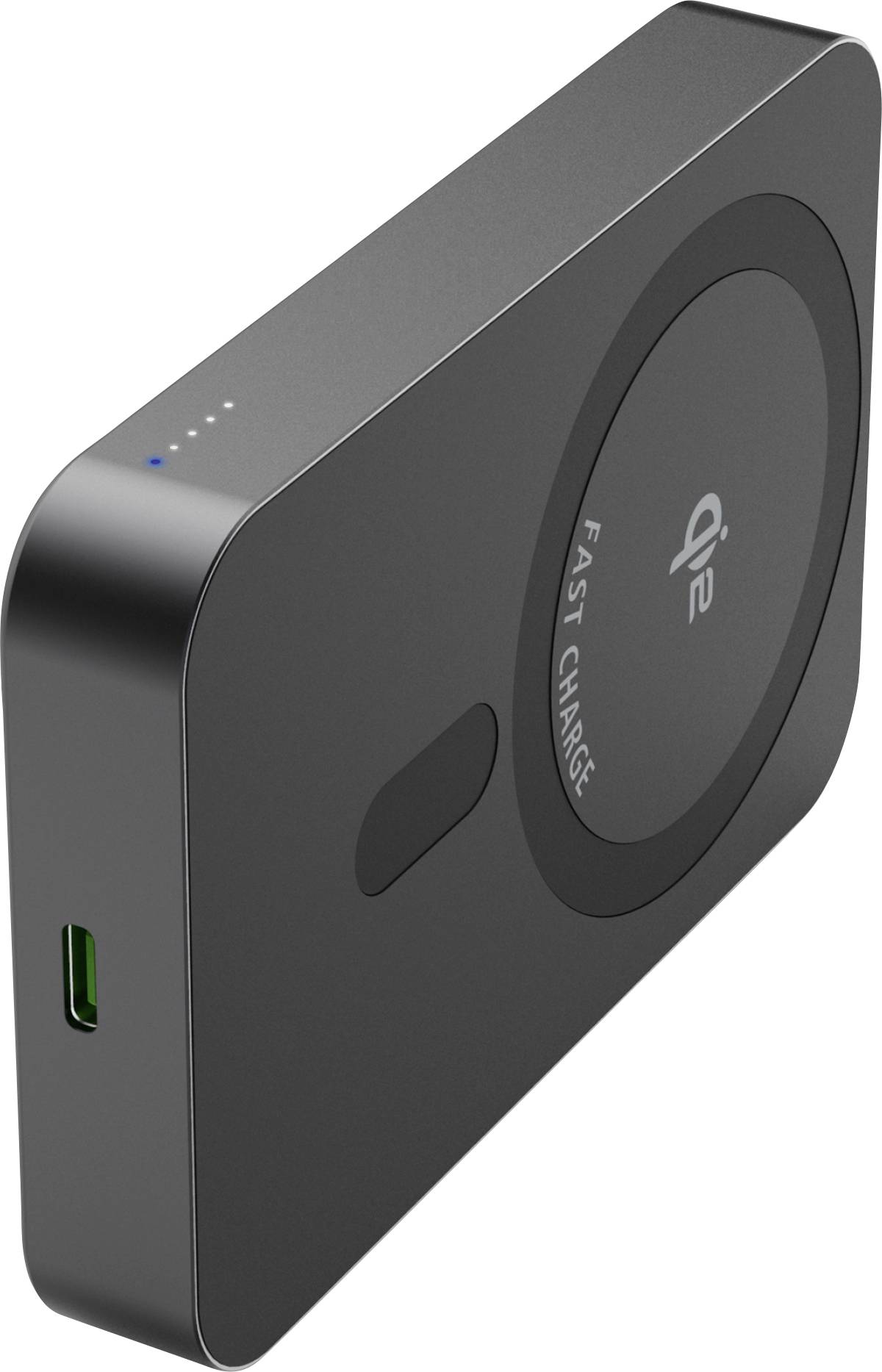 A black portable wireless charger with a 'qi' symbol, fast charge label, LED indicators, and a USB-C port on the side.