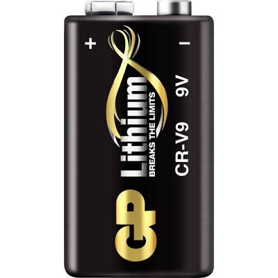 A black 9V lithium battery with gold and white 'CP Lithium Breaks the Limits' text, featuring positive and negative terminals on top.