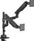 'Monitor arm with dual adjustable mounts, black finish, clamp base for desk attachment, designed to hold two monitors for ergonomic use.'