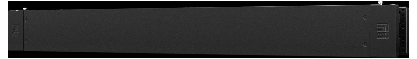 A long, rectangular black server rack enclosure with a smooth surface and subtle design features on a black background.