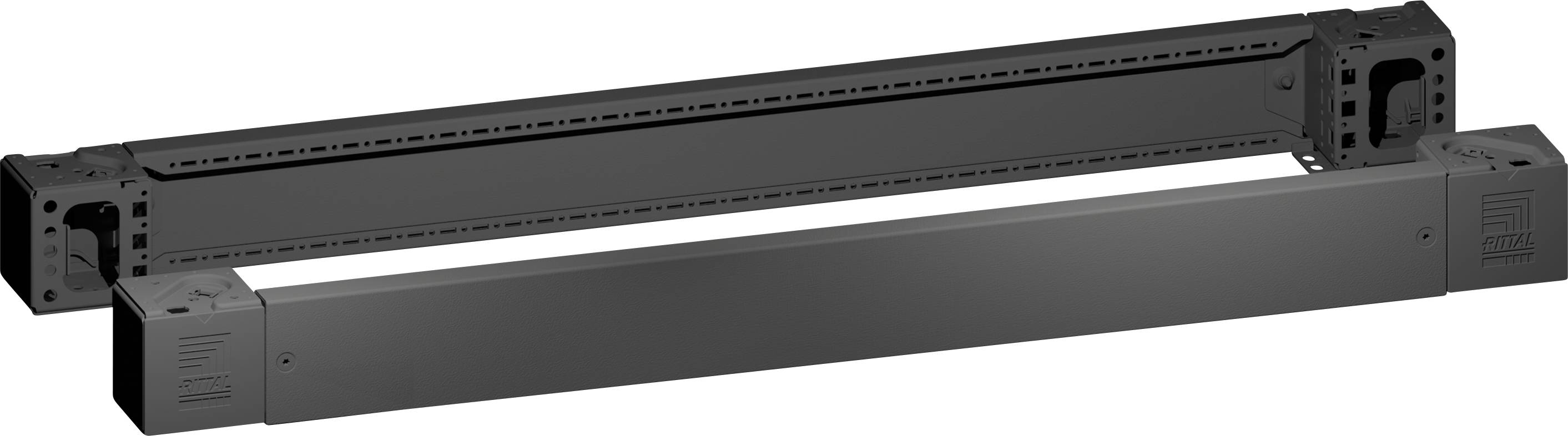 A black, elongated rail with screw holes, possibly for technical or industrial use, showing a perspective of both edge fronts.