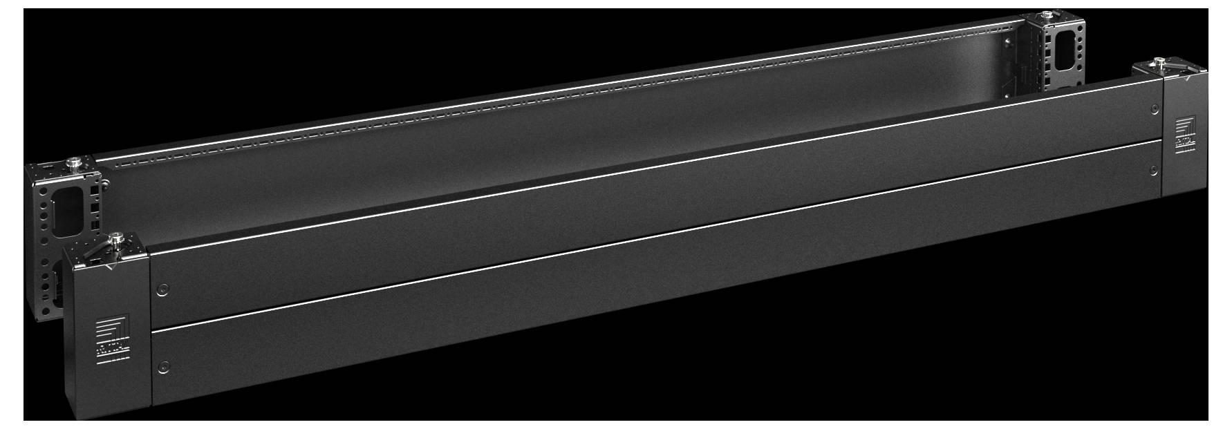 A black metal rack mount designed for server or networking equipment, featuring mounting brackets on each end and a smooth finish.