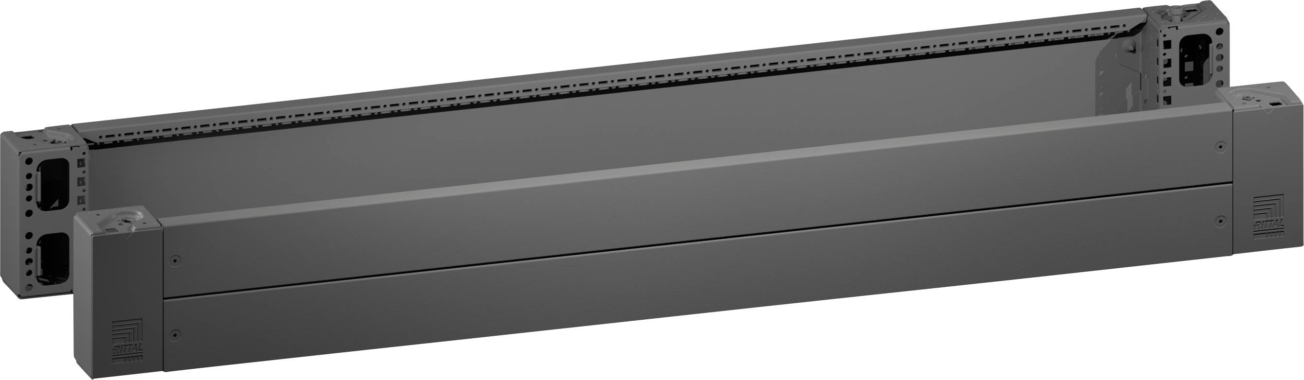 A gray rectangular metal frame with various holes and indents, possibly a component for machinery or equipment, viewed from an angle.