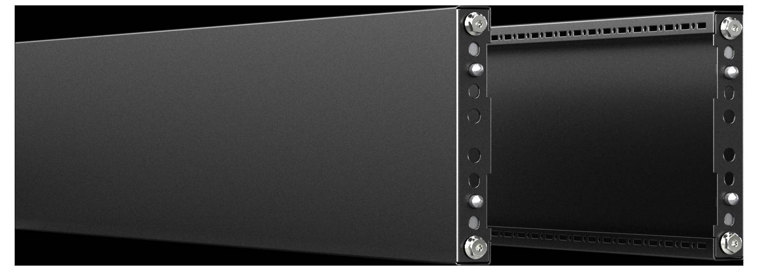 A close-up view of a black, rectangular electronic device showing a panel with screw holes and folded edges, suggesting modular assembly.