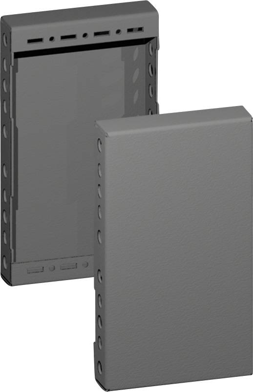 Two rectangular, gray metal enclosures with perforated sides, standing upright. The front enclosure is slightly in front of the other.
