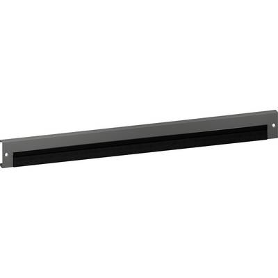 A black and gray horizontal rack mount panel with two screw holes on each end, used for cable management or to fill empty rack space.