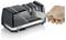 A hand sharpens a knife using a black Graef electric knife sharpener with two slots numbered '1' and '2'.