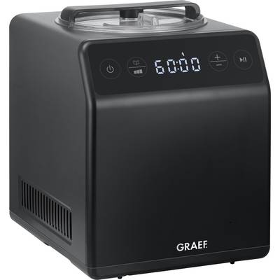 A sleek black ice cream maker with digital controls on the front panel displaying '60:00'. The brand name 'Graef' is visible below.