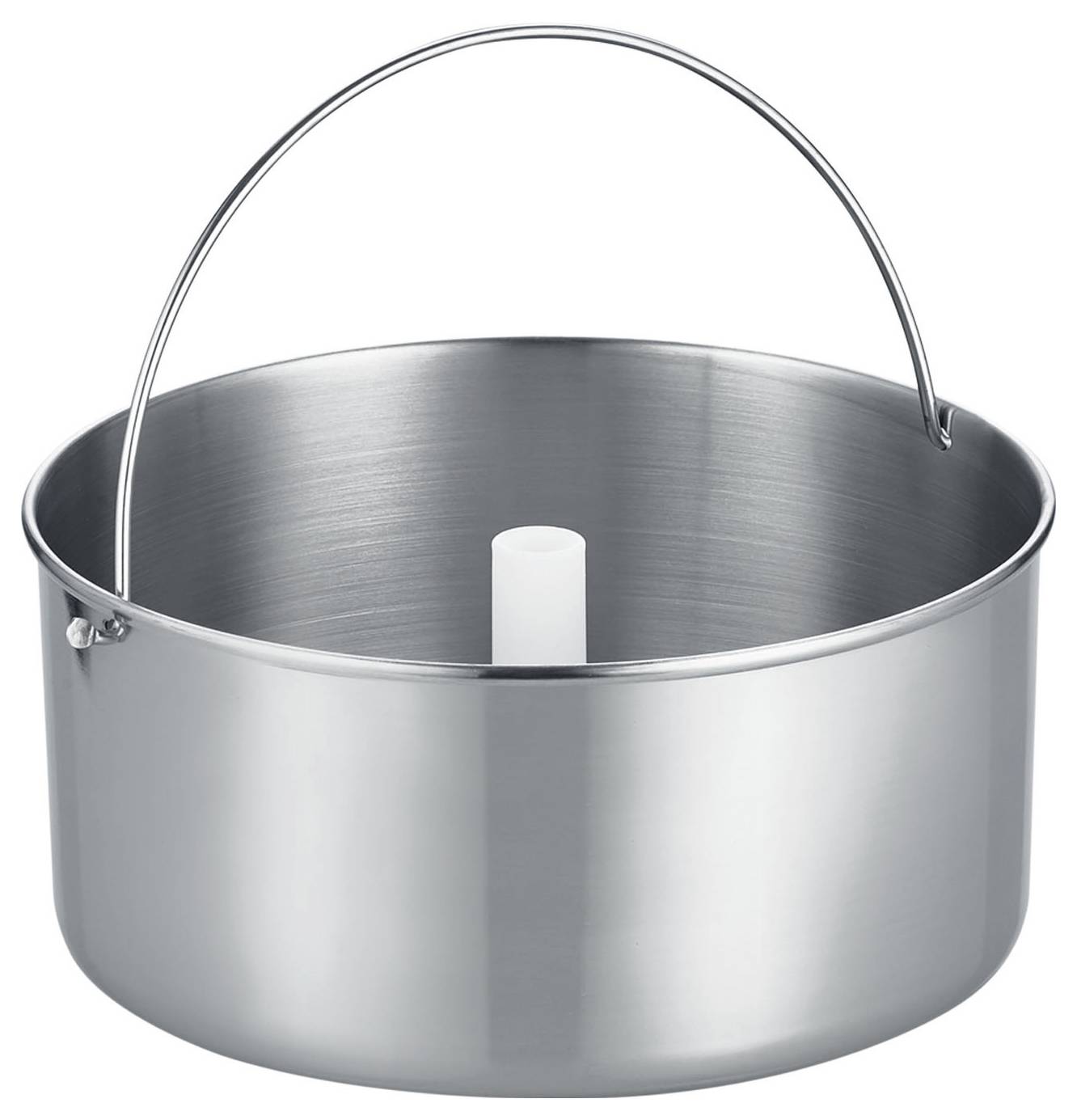 A large, stainless steel fondue pot with a handle and central spout, suitable for heating and serving melted cheese or chocolate.