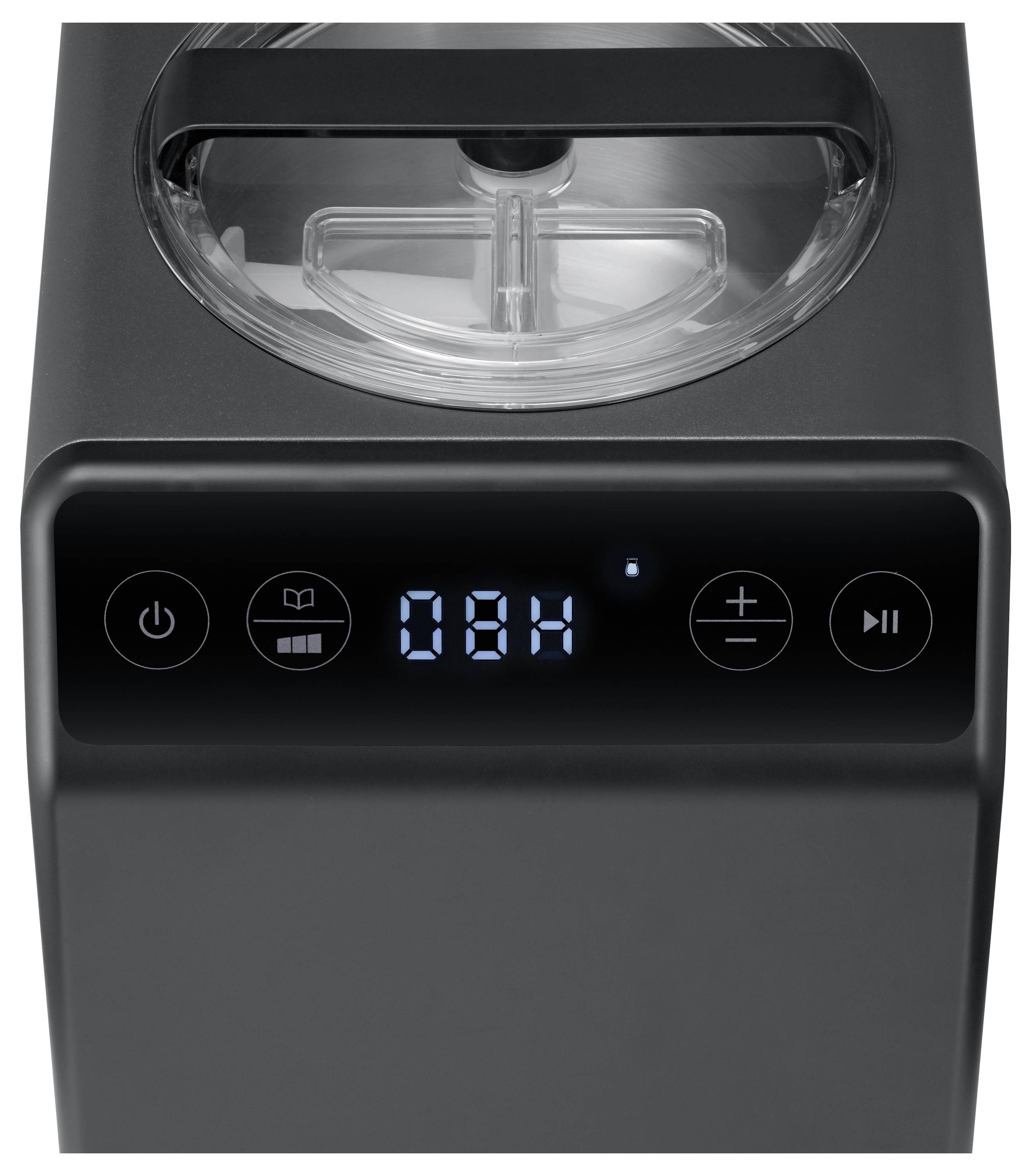 'Black electronic device with a digital display reading 0:8H and control buttons, including power, timer, and play/pause symbols.'