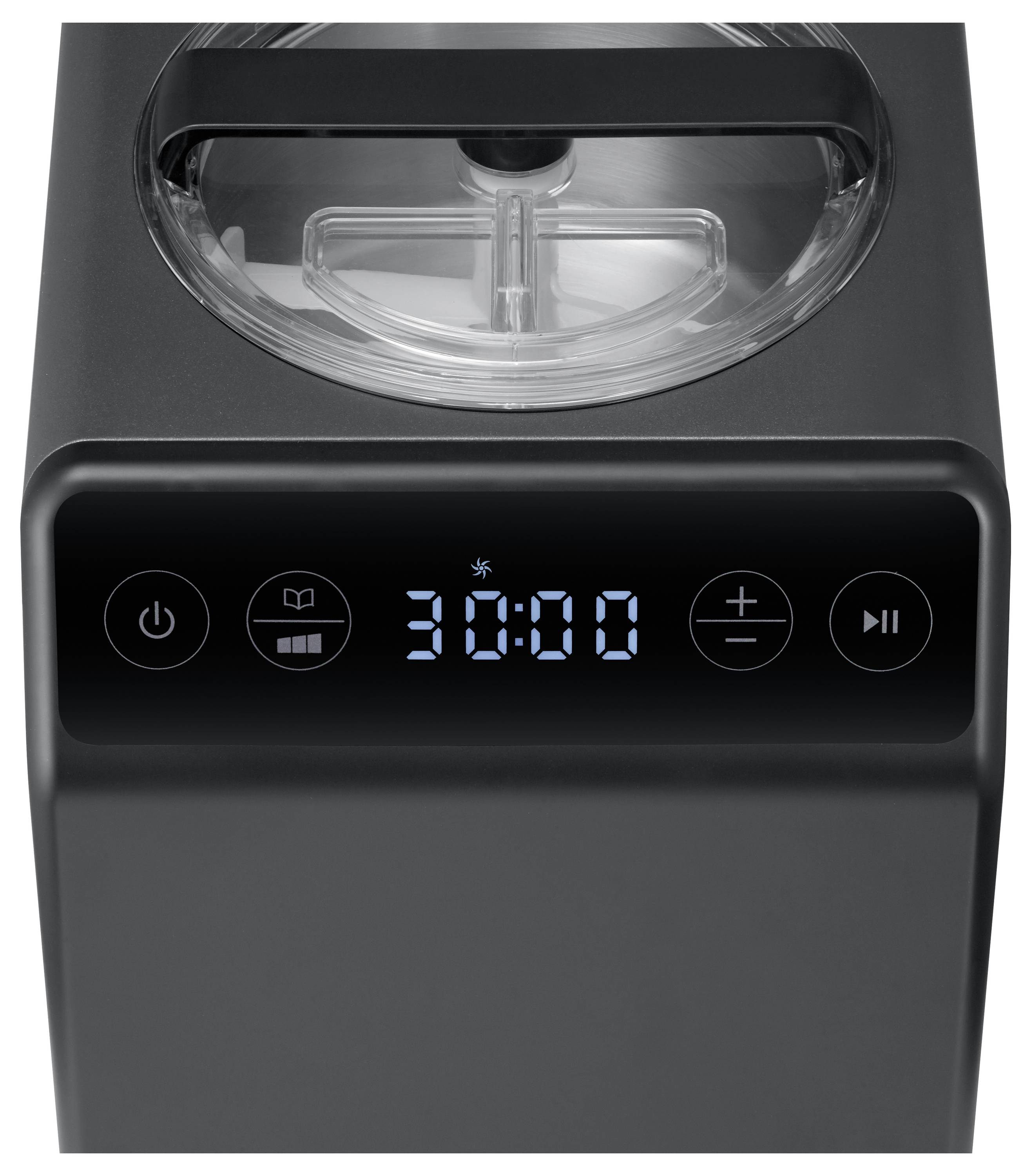Ice cream maker with a digital display showing '30:00', indicating a timer. Black control panel with power, start, and settings buttons.