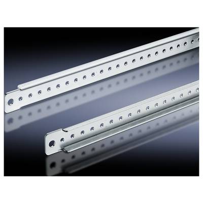 'Two metal support rails with evenly spaced holes, set against a dark reflective surface, used for mounting or structural purposes.'