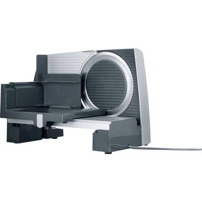 'A metal meat slicer with a large circular blade and a sliding tray for food placement. The slicer is powered, with a power cord attached.'