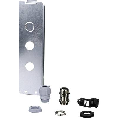 Components for mounting: a metal bracket with holes, plastic and metal connectors, a rubber seal, and a black clip.