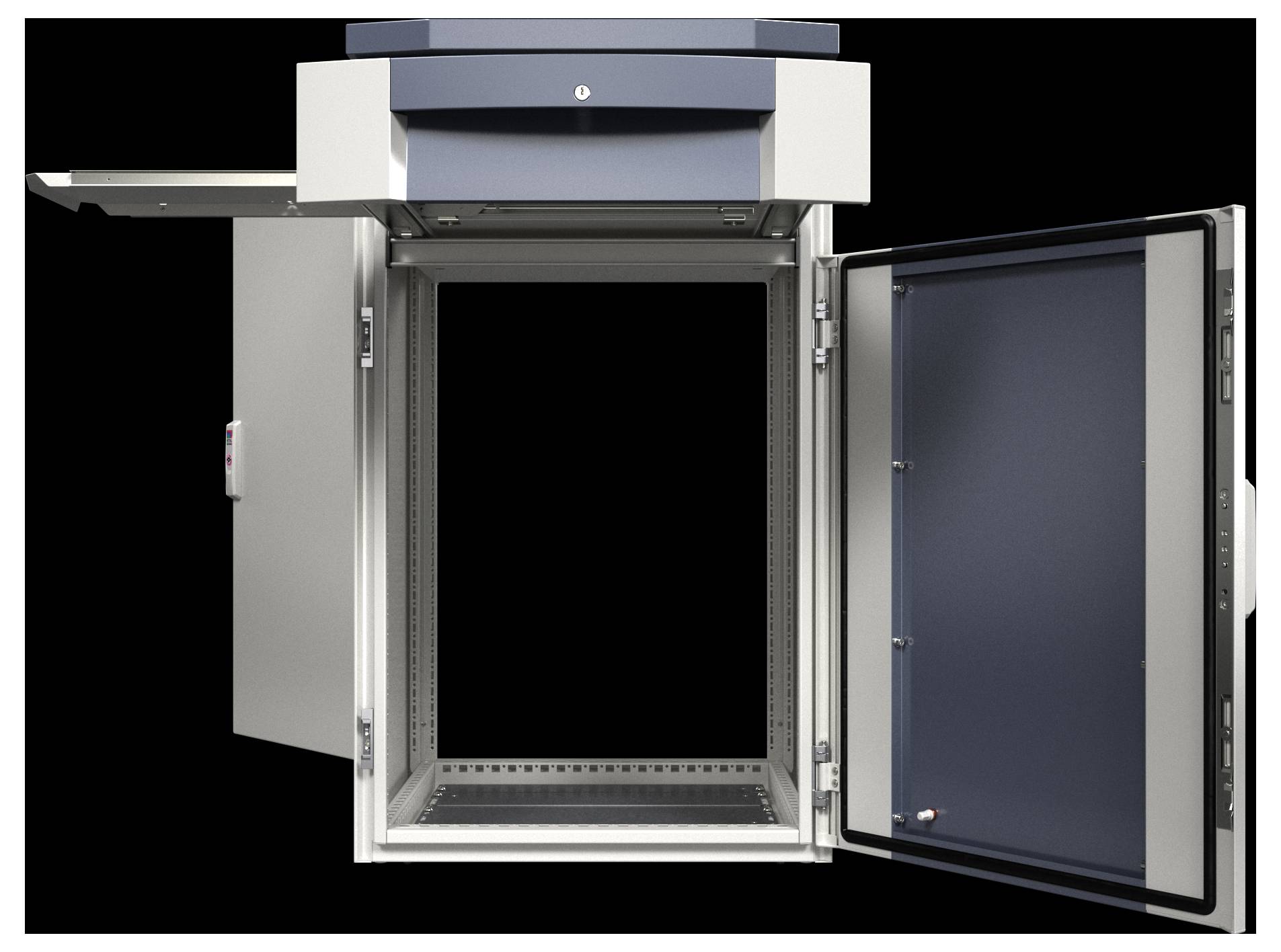 An open industrial cabinet with three doors, showing empty interior space and multiple adjustable compartments.