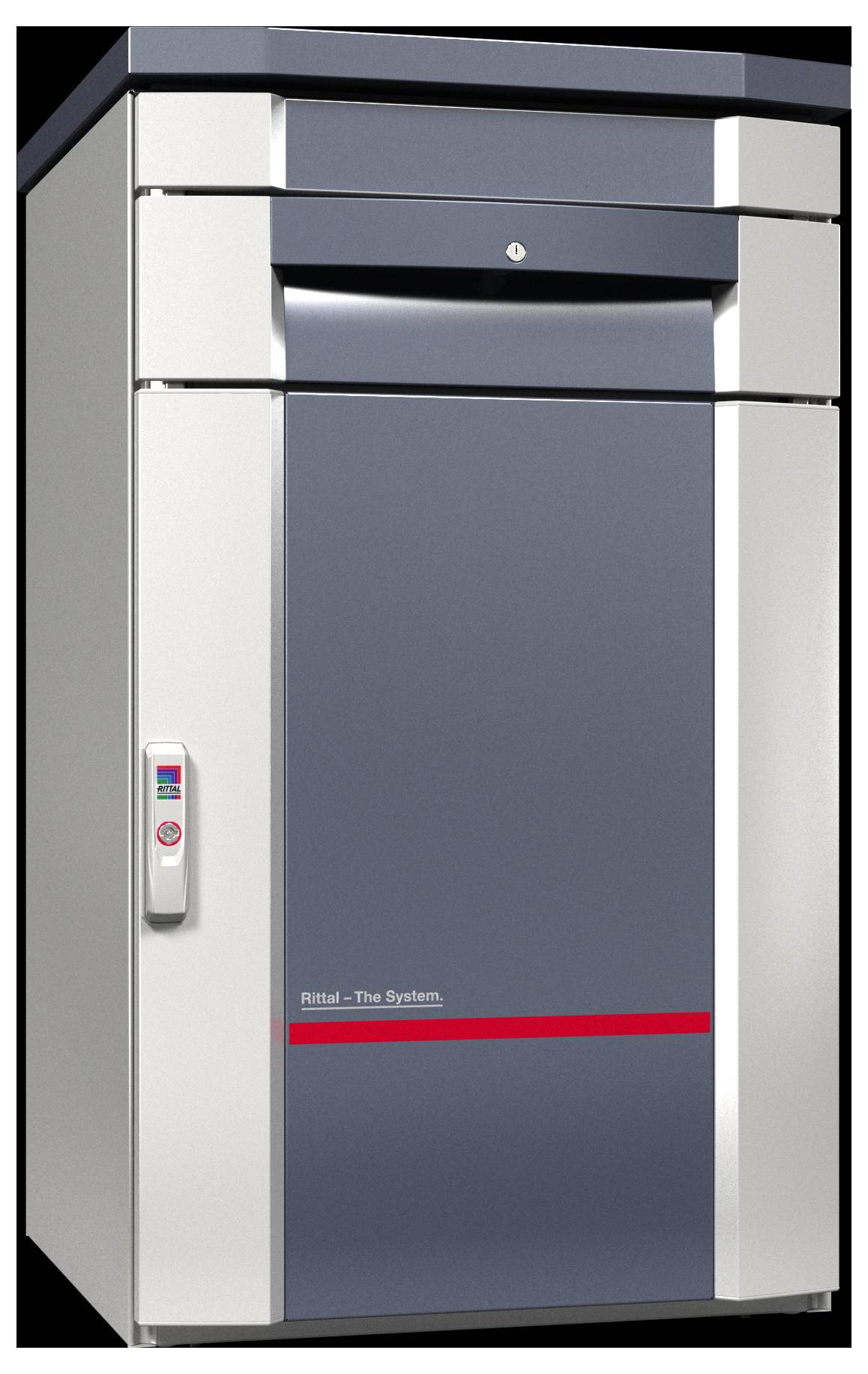 A large, gray, industrial control cabinet with a vertical handle and a red horizontal stripe near the bottom.