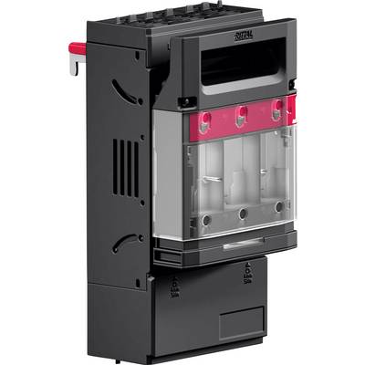An electrical or electronic component with mounting slots, red switch, multiple slots for wiring, and a transparent cover is shown.