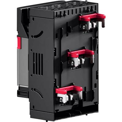 A black plastic mounting bracket with three red clips, used for securing electronic components in place, shown against a plain background.