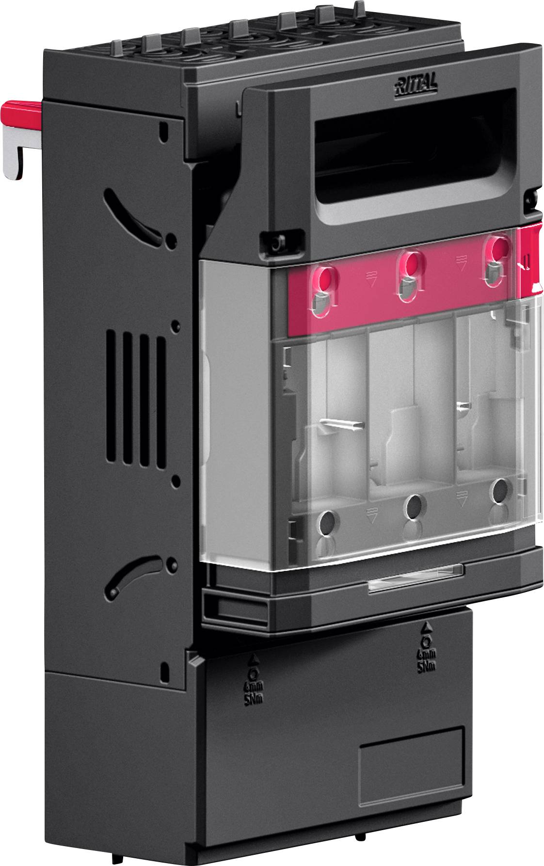 Circuit breaker switch with black and red casing, featuring transparent cover, designed for electrical safety and system protection.